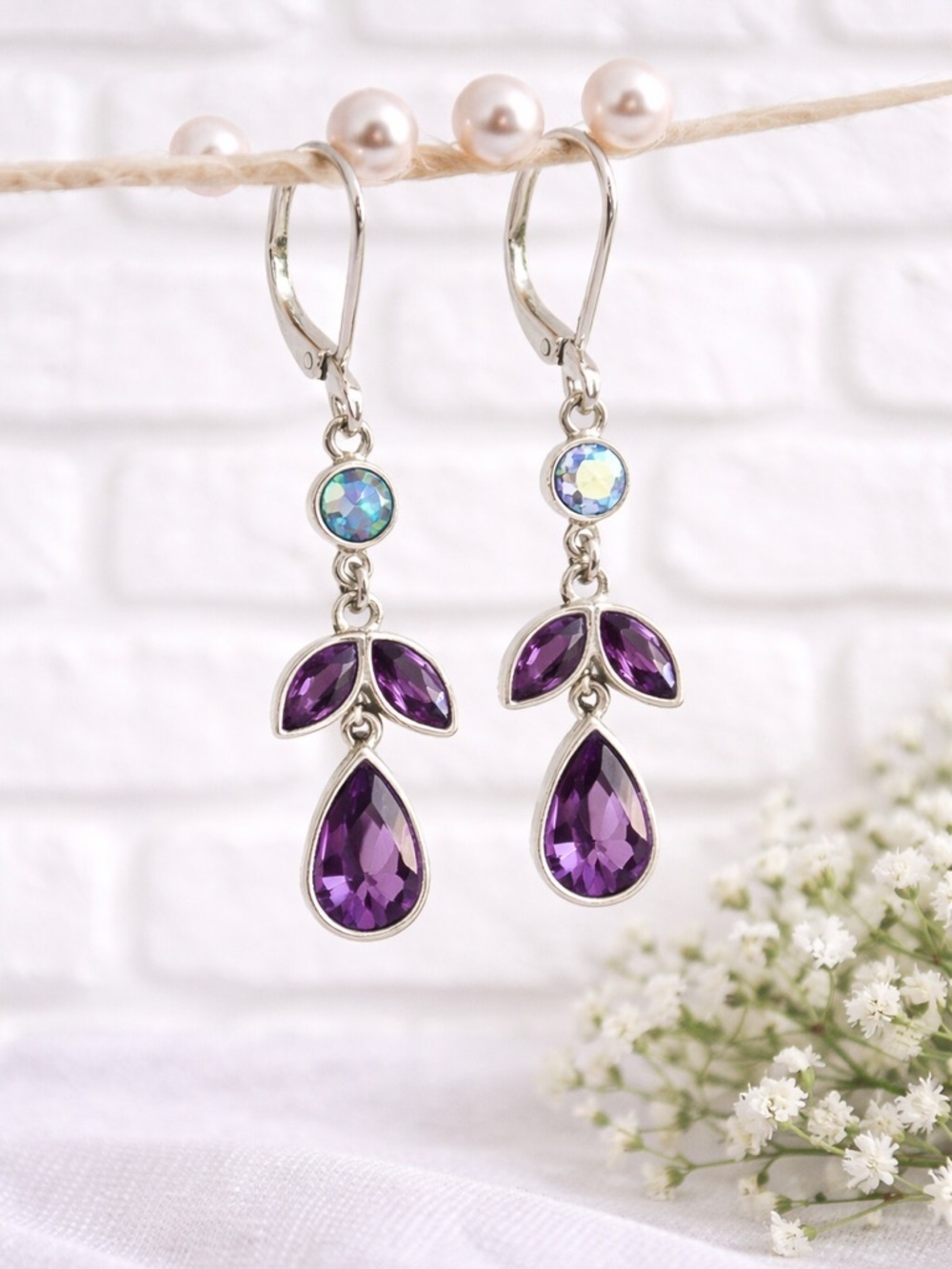 925 Sterling Silver Purple Teardrop & Leaf Crystal Drop Leverback Earrings
